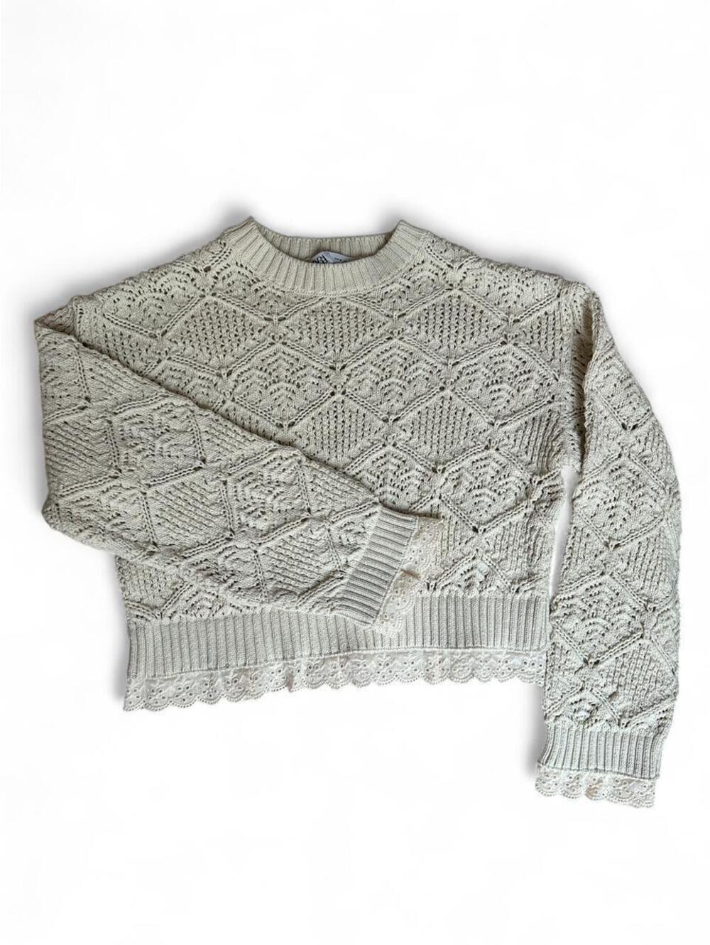 Zara Women’s M Ecru Pointelle Knit Cropped Sweater Lace Trim Openwork Cream